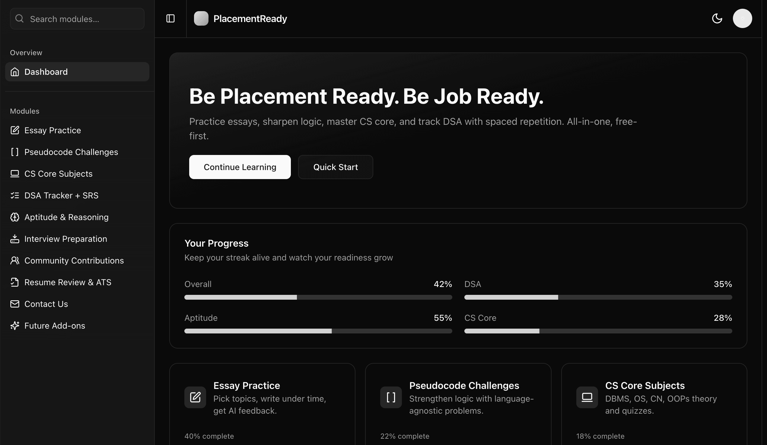 PlacementReady dashboard preview